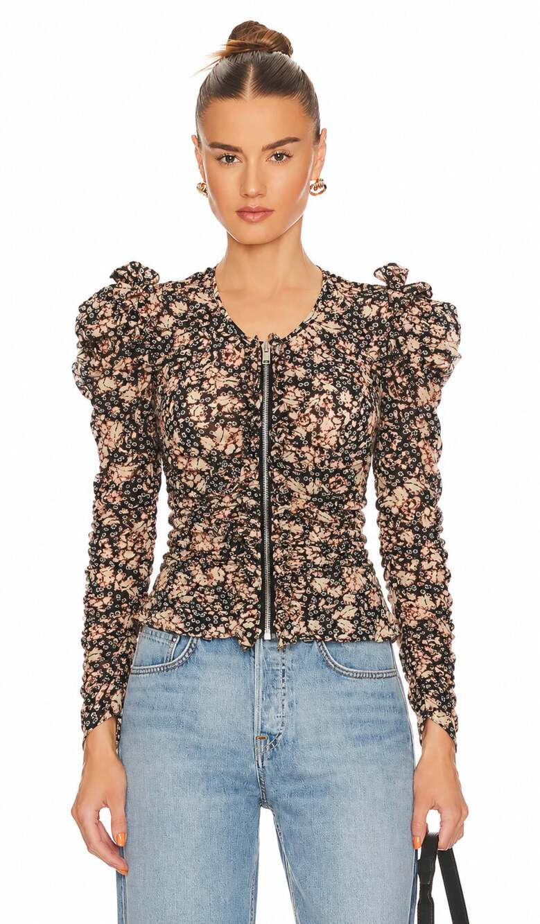 Isabel Marant Wildflower Printed Ruched Silk Zip Front Bali Blouse.